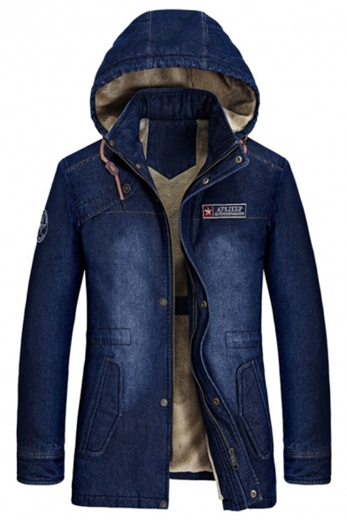 Mens Dark Blue Long Sleeve Zip Closure Longline Thick Denim Jacket Hooded Coat with Pocket