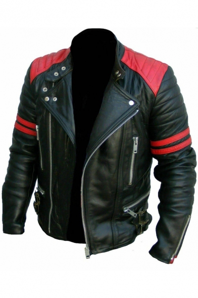 Mens Popular Color Block Snap Collar Stripe Long Sleeve Zip Placket PU Leather Biker Jacket