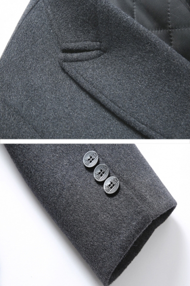 Mens Stylish Plain Peak Collar Long Sleeve Single Breasted Flap Pocket Longline Woolen Coat