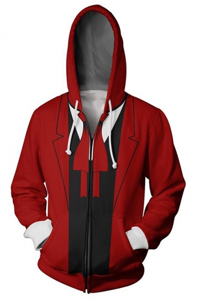 Popular Anime False Suit Clothing Red Long Sleeve Zip Up Drawstring Hoodie with Side Pocket