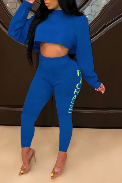 Popular Letter Printed Long Sleeve Cropped Top and High Waist Jogger Pants Casual Sports Set