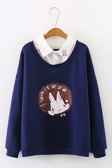 Preppy Chic Cute Rabbit Printed Long Sleeve Oversized Casual Fake Two Piece Sweatshirt