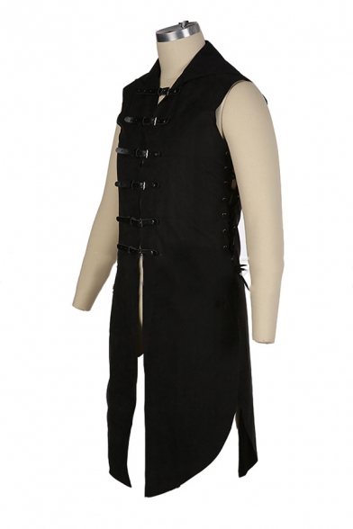 Steampunk Black Gothic Lapel Collar Sleeveless Side Lace-Up Leather Buckle Swallowtail Longline Waistcoat Vest