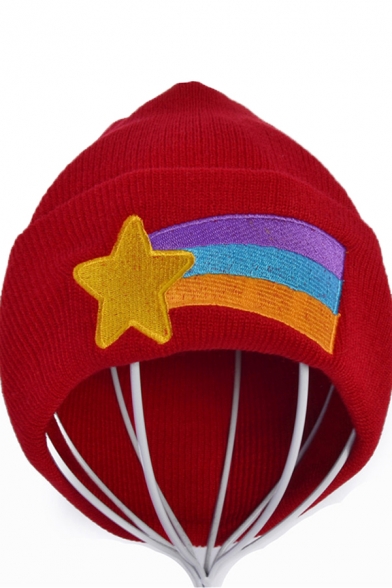 Winter Popular Red Star Rainbow Embroidery Cuffed Knit Cap Beanie Hat