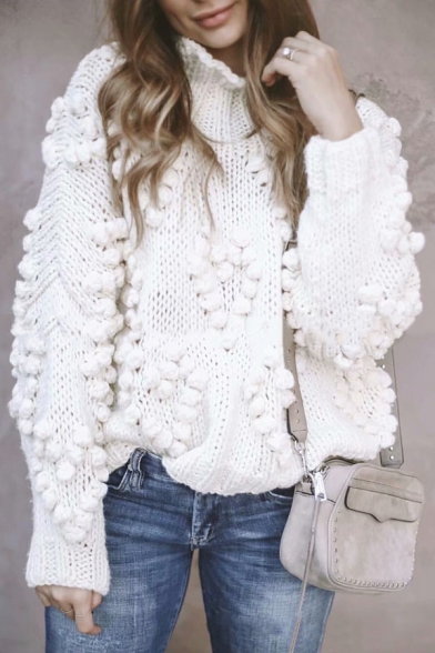Women's Soft Heart Shape Pom Poms Hand Knit Plain Long Sleeve Loose Pullover Sweater