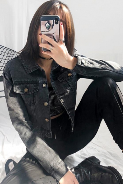 Womens Basic Black Long Sleeve Button Fly Front Slim Fit Cropped Jean Coat Jacket