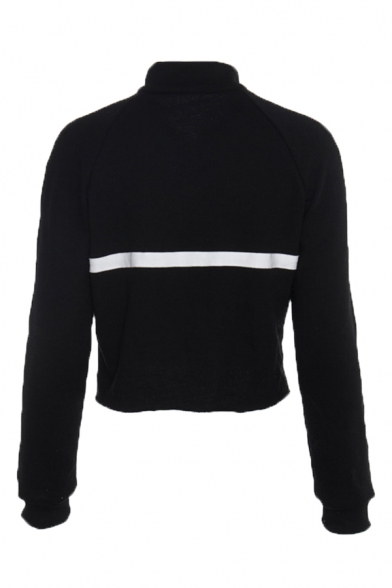 Womens Black Chic Striped Patchwork Long Sleeve Half Zip Loose Cropped Sweatshirt