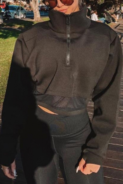 Womens Black Stand Collar Long Sleeve Mesh Splicing Half Zip Casual Cropped Sweatshirt