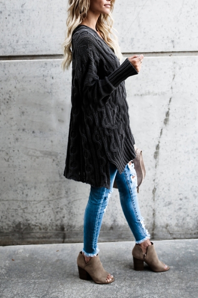 Womens Casual Black Plain Long Sleeve High Low Hem Chunky Knit Longline Pullover Sweater