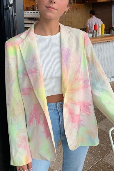 Womens Casual Pink and Green Tie Dye Long Sleeve Loose Blazer Coat