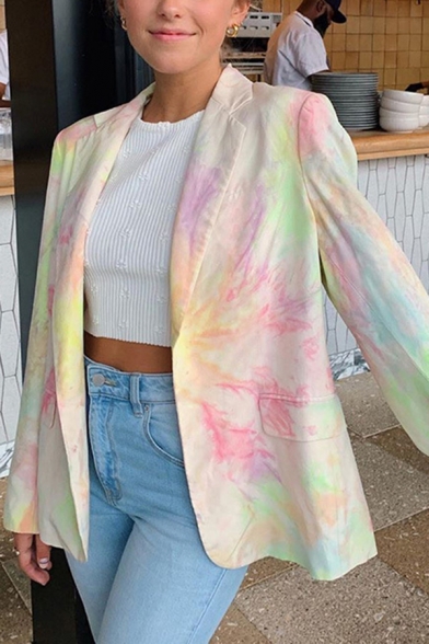 Womens Casual Pink and Green Tie Dye Long Sleeve Loose Blazer Coat ...