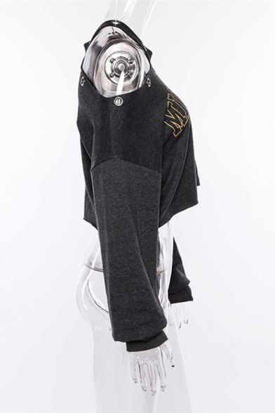 Womens Casual Plain Dark Gray MICHIGAN Printed Cutout One Shoulder Long Sleeve Cropped Sweatshirt