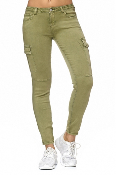Womens Casual Plain Low Waist Side Flap Pocket Zipper Skinny Jeans Denim Pants