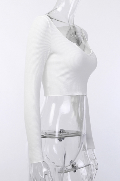 Womens Casual Sexy U-Shaped Neck Long Sleeve Ribbed Knit White Cropped Sweater Top