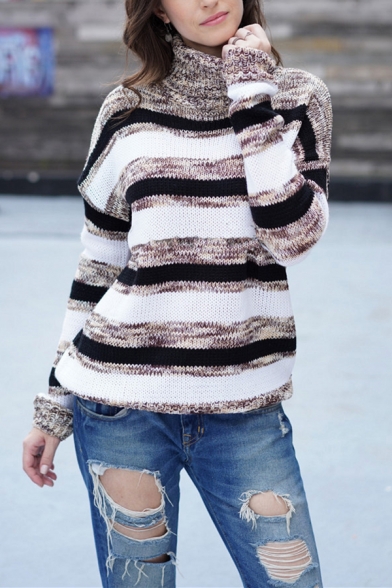Womens Casual Streetwear Striped Printed Long Sleeve Turtle Neck Loose Pullover Sweater