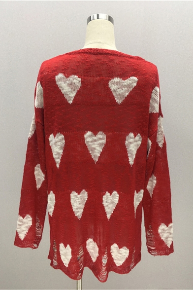 Womens Chic Allover Heart Pattern Long Sleeve Shredded Detail Red Tunic Pullover Sweater