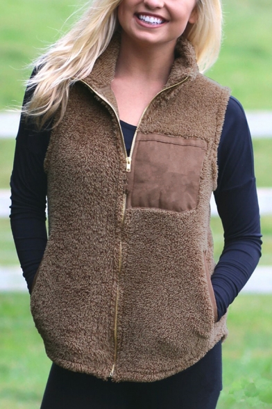 Womens Chic Solid Color Patchwork Design Lapel Collar Sleeveless Zip Up Plush Fluffy Warm Vest