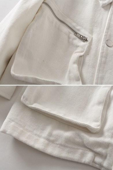Womens Fashion Lapel Long Sleeve Zipper Embellished Multi-Pocket Hidden Zip Placket Loose Work Jacket in White