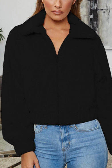 Womens Fashionable Plain Lapel Collar Long Sleeve Zip Up Plush Coat Short Jacket
