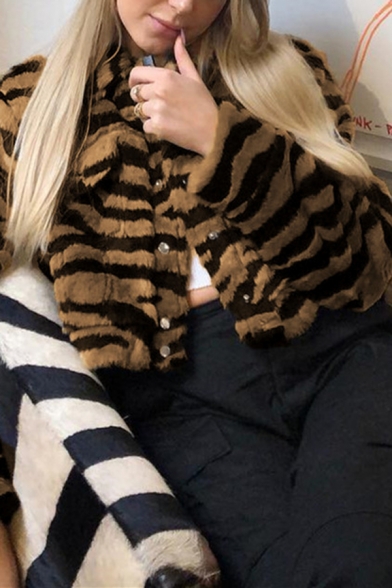 Womens Petite Tiger Faux Fur Long Sleeve Lapel Collar Button Through Crop Jacket