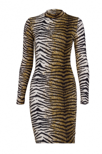Womens Popular Leopard Tiger Printed Long Sleeve Mock Neck Mini Bodycon Dress