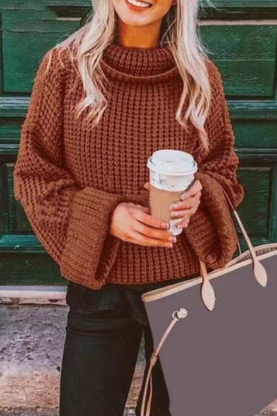 Womens Popular Solid Color Roll Neck Bell Sleeve Loose Fit Knitted Casual Pullover Sweater