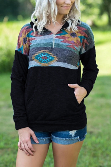 Womens Retro Geometric Pattern Long Sleeve Half Zip Casual Sweatshirt with Pouch Pocket