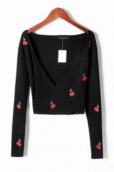 Womens Sexy Deep V Neck Long Sleeve Cherry Embroidery Print Black Cropped Knitwear Pullover Sweater