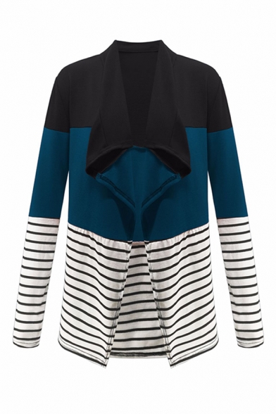 Womens Simple Color Block Pinstripe Patch Waterfall Long Sleeve Tunic Cardigan Coat