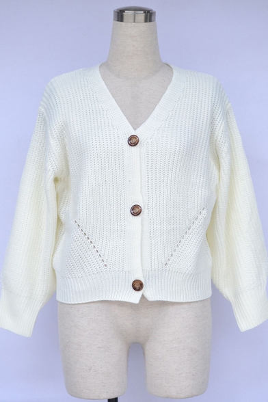 Womens Simple Plain Balloon Long Sleeve V-Neck Chunky Knit Buttoned Loose Cardigan Coat
