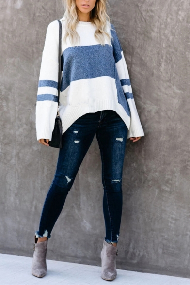 Womens Simple Varsity Stripe Geo Printed Long Sleeve Curved Hem Blue and White Casual Knitwear Sweater