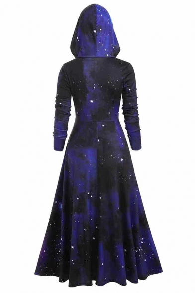 Womens Vintage Universe Galaxy 3D Printed Long Sleeve High Low Hem Maxi Drawstring Hooded Dress (Pictures for Reference)
