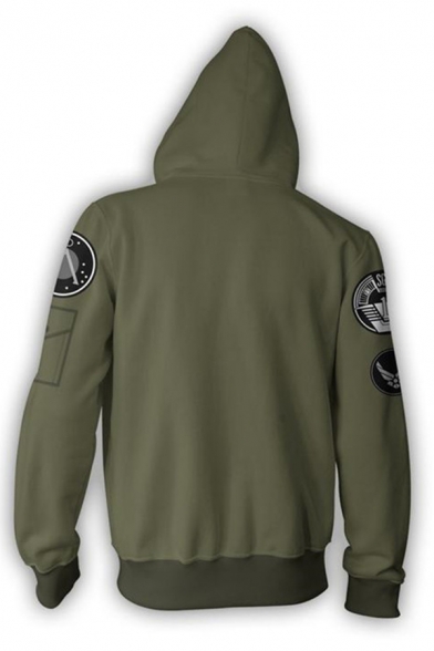 Army Green 3D Printing Cosplay Costume Long Sleeve Zip Up Drawstring Hoodie with Pocket