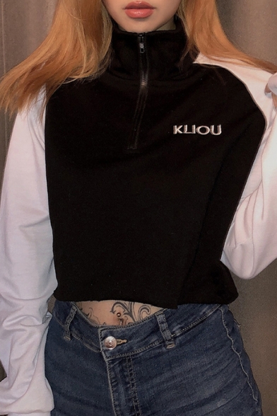 Black and White Embroidery Letter KLIOU Printed Half Zip Raglan Long Sleeve Loose Fit Cropped Sweatshirt