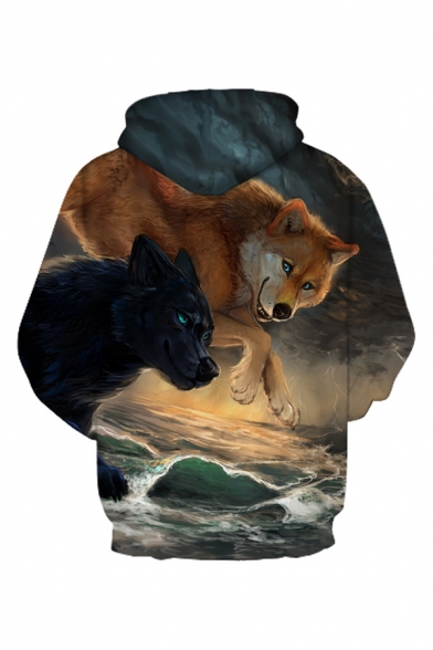 Cool Wolf Digital Printed Long Sleeve Casual Loose Pullover Hoodie