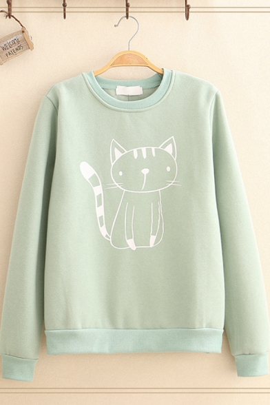 Cute Cat Print Long Sleeve Crew Neck Thick Pullover Sweatshirt for Juniors