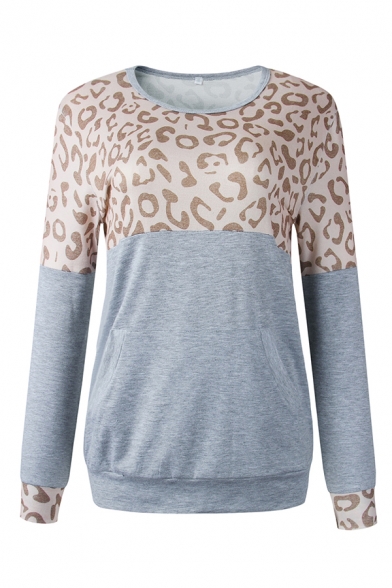 Fashionable Leopard Patch Long Sleeve Casual Colorblock Pullover Sweatshirt in Loose Fit
