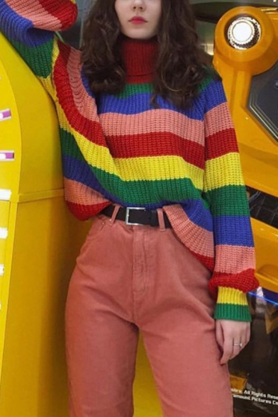 

Girls Chic Rainbow Color Block Turtle Neck Long Sleeve Oversided Pullover Sweater, LM567681