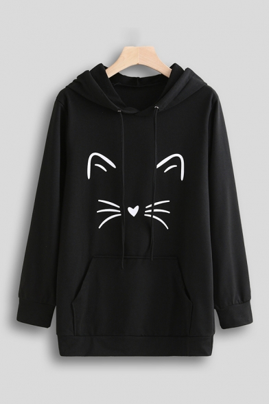 Girls Lovely Cat Pattern Long Sleeve Pouch Pocket Baggy Drawstring Hoodie
