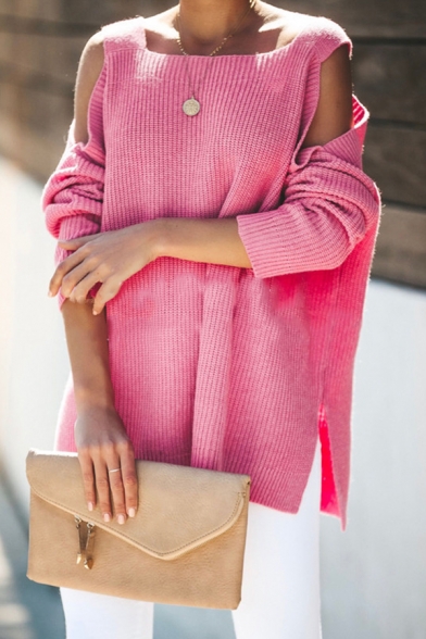 Hot Pink Square Neck Long Sleeve Side Split Oversized Casual Pullover Sweater with Cold Shoulders