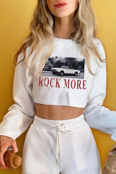 Hot Popular Letter ROCK MORE Car Printed Long Sleeve White Loose Cropped Sweatshirt