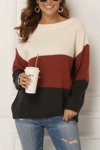 Ladies Casual Color Block Long Sleeve Boat Neck Loose Relaxed Pullover Sweater