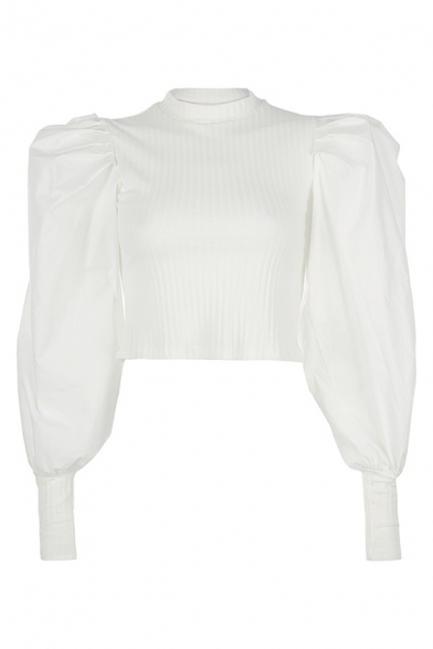 Ladies Elegant Plain Bubble Long Sleeve Round Neck Slim Fit Pullover Sweater Top