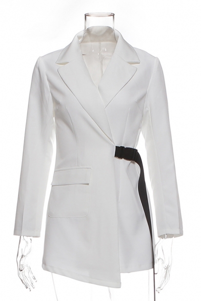 Ladies Fashionable White Long Sleeve Push Buckle Belted Longline Blazer Dress
