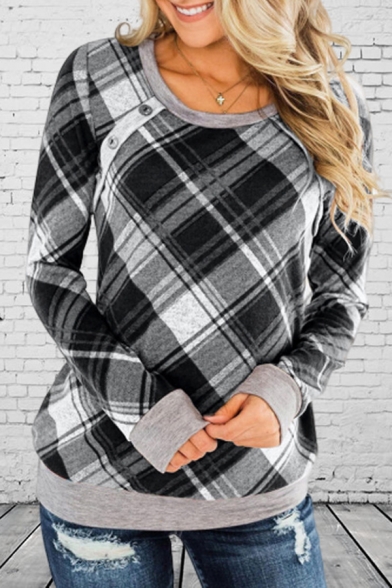 Ladies New Fashionable Checked Pattern Contrast Trim Long Sleeve Casual Pullover Sweatshirt