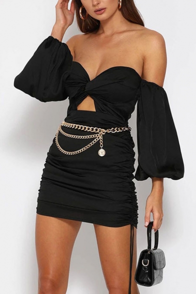 Ladies Sexy Solid Sweetheart Neck Puff Sleeve Cutout Pleated Detail Side Drawstring Mini Dress