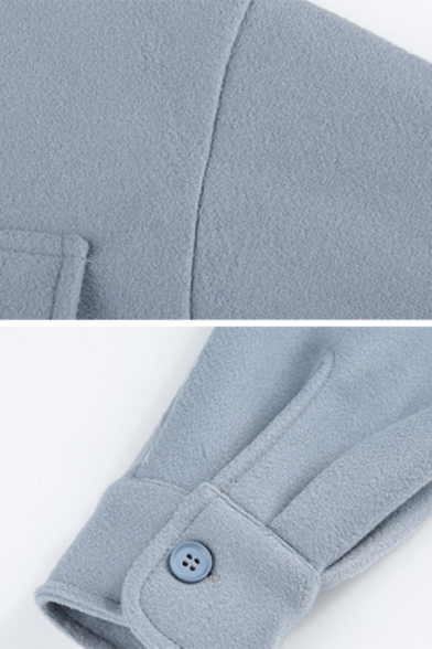 Ladies Simple Plain Light Blue I AM HOTTY Printed Flap Pocket Long Sleeve Cropped Jacket Wool Coat