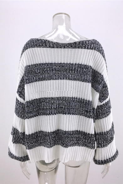 Leisure Colorblocked Stripe Long Sleeve Boat Neck Loose Cozy Sweater for Women