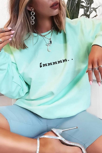 Light Green Funny Letter EMMMMM Printed Long Sleeve Round Neck Loose Pullover Sweatshirt