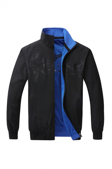 Mens Casual Black & Blue Reversible RANTU Letter Printed Stand Collar Long Sleeve Zipper Sport Jacket Coat